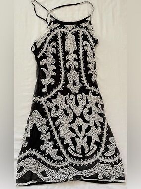 BOBO black Sequin Beaded Mesh Dress Black White Beaded Sz P SMALL Hand Made NWT